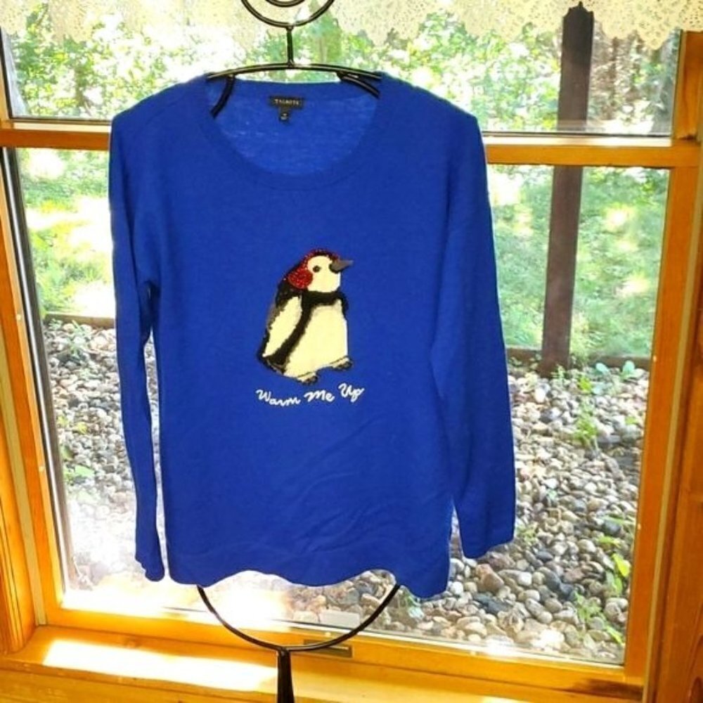 Talbots Lambswool Embroidered & Embellished Sz M Blue Penquin Graphic LS Sweater